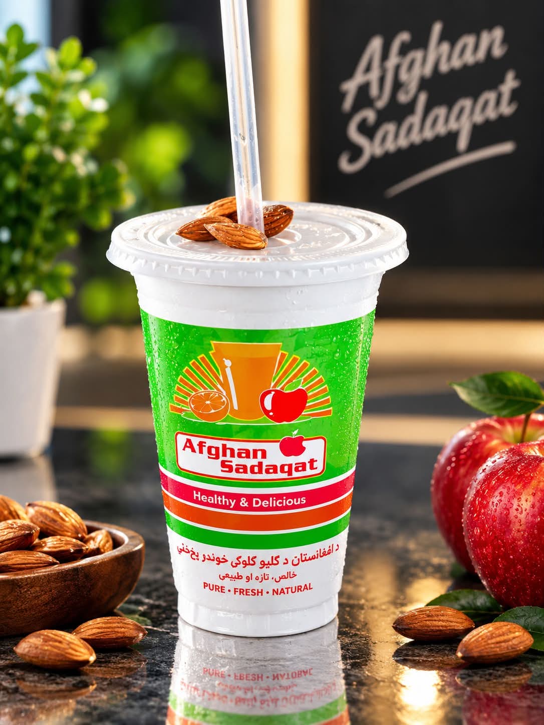 Afghan Sadaqat branded fresh juice cup with apples and almonds